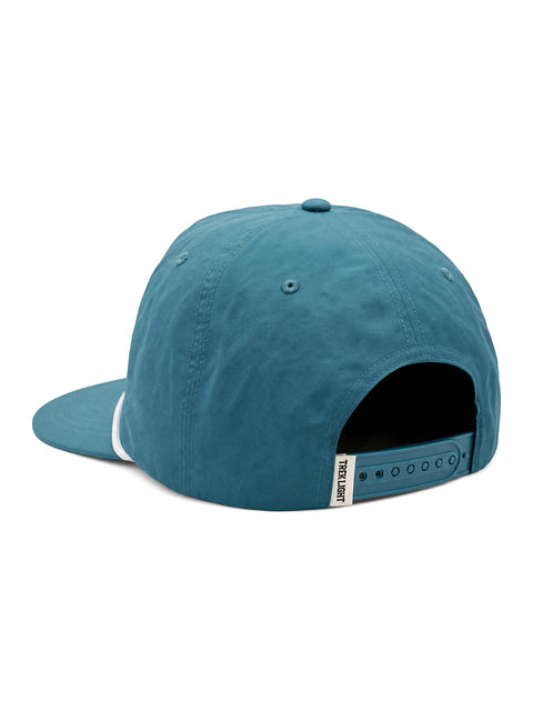 Trout Hat in blue, back view with adjustable strap
