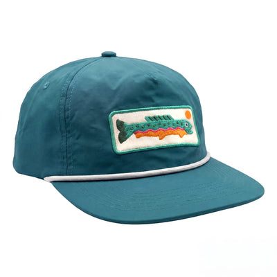 Trout Hat (Blue) featuring a colorful trout embroidery on a low-profile cap, perfect for fishing and everyday wear.