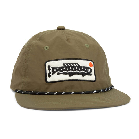 Trek Light unisex olive green trout hat with a stylish fish logo, 5-panel snapback, flat brim, made from adventure-ready nylon.