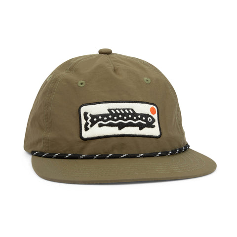 Trek Light unisex trout hat with a stylish fish logo, 5-panel snapback, flat brim, made from adventure-ready nylon.