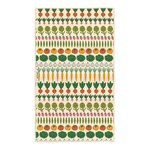 Eco-friendly dish towel featuring hand-drawn style vegetable illustrations on cream background for kitchen decor and cleaning