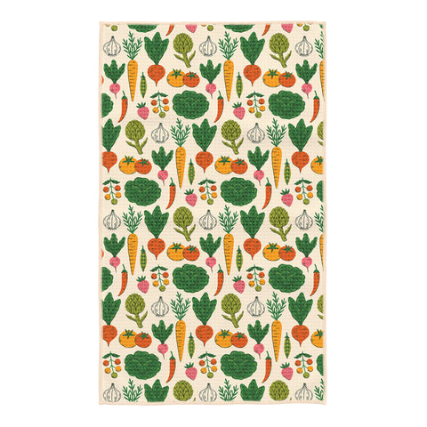 Trek Light Veggie Medley Kitchen Tea Towel with colorful vegetables pattern including artichokes, carrots, tomatoes, and leafy greens
