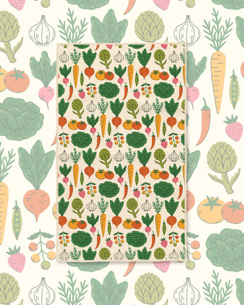 Veggie Medley Kitchen & Tea Towel with carrots, cabbages, tomatoes and other vegetables on cream