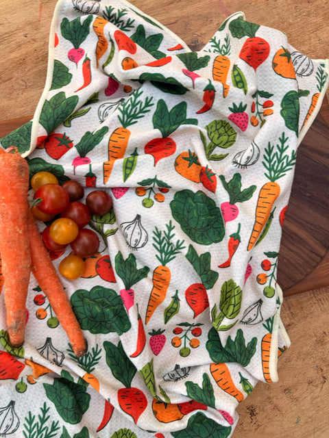 Veggie Medley Kitchen & Tea Towel featuring colorful vegetable designs on a soft fabric.
