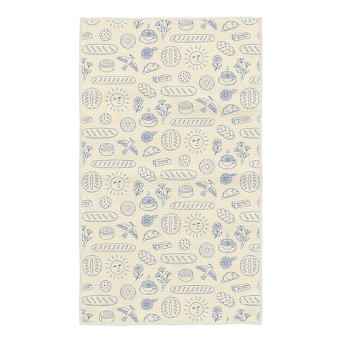 Wake & Bakery Kitchen Tea Towel with bread and pastry pattern design in blue.