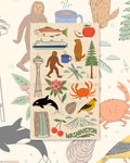 Washington Kitchen & Tea Towel with Washington icons like the Space Needle, orca, ferry, salmon and crab on cream