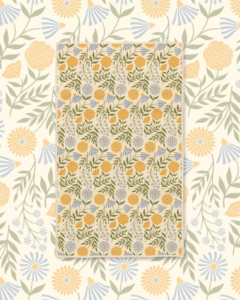 Wavy Flowers Kitchen & Tea Towel with yellow and cream wildflowers and sage leaves