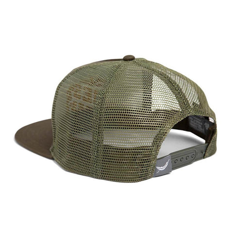 Back view of the olive green West Is Best Trucker Hat by Trek Light with adjustable snapback closure, perfect for outdoor adventures.