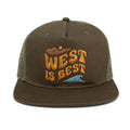 West Is Best 5-panel trucker hat with Trek Light witty design, featuring directional sayings on a flat-brim snapback style.