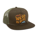 Trek Light 5-panel trucker snapback hat with 'West Is Best' slogan, flat brim, khaki color, perfect for outdoor adventures.