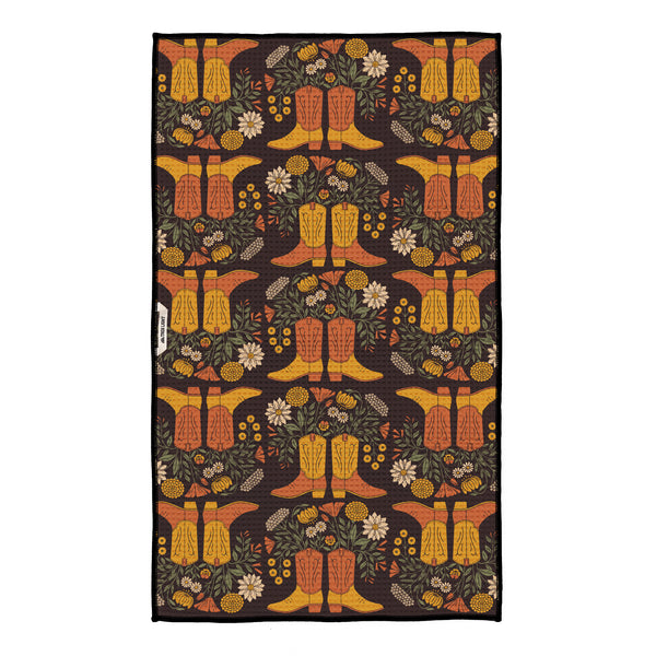 Western Bloom Kitchen & Tea Towel with vibrant double-sided floral and boot design, eco-friendly, absorbent, and quick-drying.