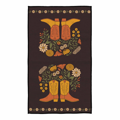 Western Bloom Kitchen & Tea Towel with colorful floral and boot design, made from eco-friendly recycled materials, quick-drying and lint-free.