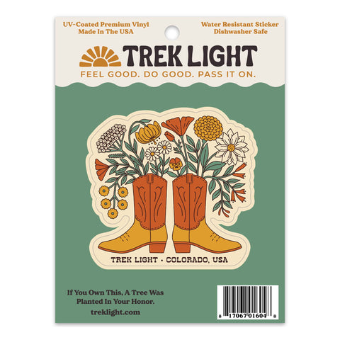 Western Bloom Sticker with boots and flowers, made in USA. Printed on high-quality, waterproof vinyl. UV and dishwasher safe.