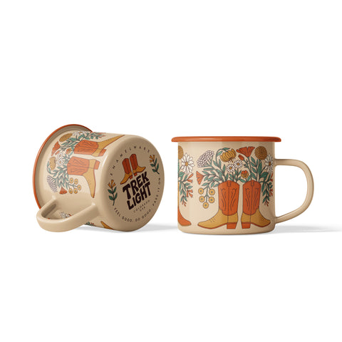 Western Bloom Enamel Mug 16oz with vintage boot design, durable and lightweight camp-style enamelware, ideal for cozy mornings.