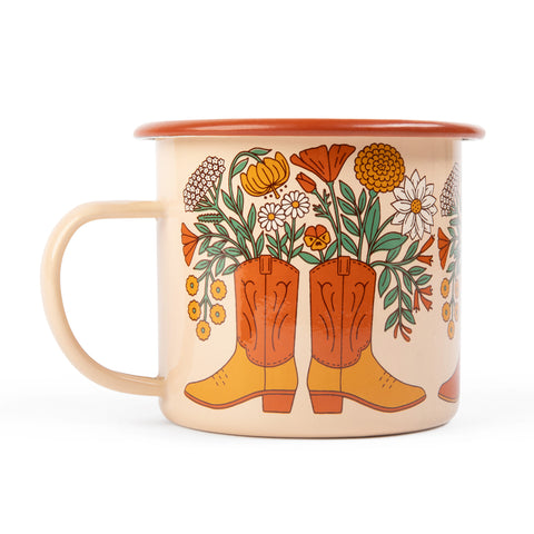 Western Bloom Enamel Mug 16oz featuring colorful cowboy boots and flowers. Perfect for outdoor sips. Trek Light style.