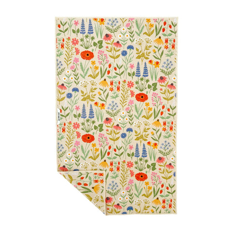Wildflower patterned kitchen and dish towel made from recycled materials, featuring vibrant colors and eco-friendly quick-drying fabric.