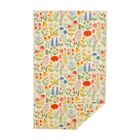 Wildflower Wonder kitchen and dish towel with vibrant floral design, made from 100% recycled materials, eco-friendly and super absorbent.