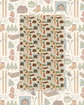 Winter Wonderland Kitchen & Tea Towel with cabin, skis, mittens, kettles and pine trees in a winter pattern