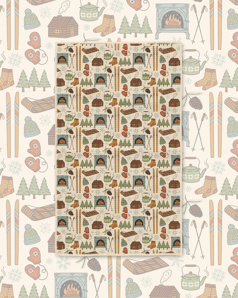 Winter Wonderland Kitchen & Tea Towel with cabin, skis, mittens, kettles and pine trees in a winter pattern