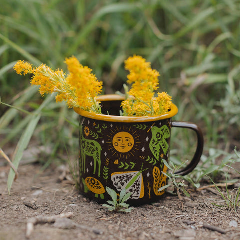 Woodland Friends Enamel Mug 16oz with vibrant forest design and wildflowers, perfect for outdoor adventures - Trek Light.