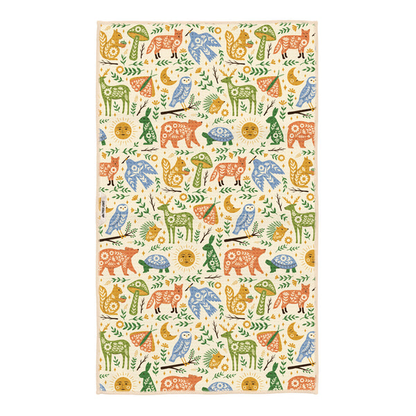 Colorful patterned Woodland Friends Kitchen & Tea Towel with animals and nature motifs, made from recycled materials.