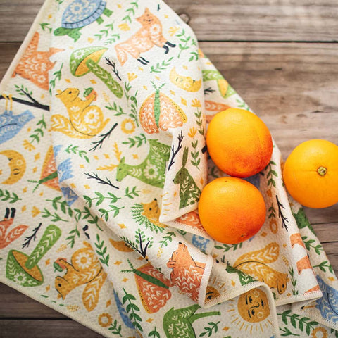 Woodland Friends Kitchen & Tea Towel with vibrant designs, eco-friendly recycled materials, and super absorbent Grip-Tex™ fabric.