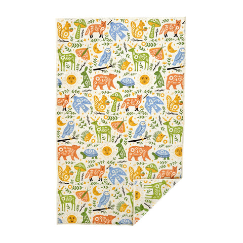 Colorful Woodland Friends Kitchen & Tea Towel with animals and nature motifs, made of absorbent Grip-Tex™ fabric, eco-friendly.