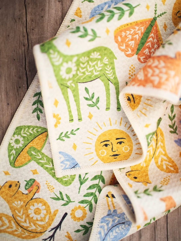 Woodland Friends Kitchen & Tea Towel with vibrant double-sided designs, eco-friendly material, and quick-drying Super Absorbent Grip-Tex™