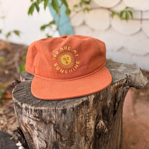 You Are My Sunshine Hat displayed on a rustic wooden stump, featuring a vibrant orange color and cheerful design.