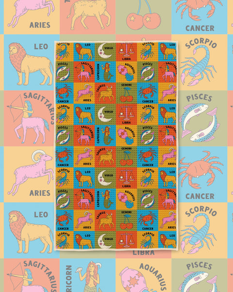 Zodiac Kitchen & Tea Towel with colorful zodiac signs and animal symbols in orange, blue and green squares