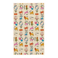 Zodiac tea towel design on cream background featuring zodiac symbols and animals scattered in an allover pattern with detailed illustrations of each astrological sign in rich jewel tones and pastels