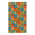 Colorful zodiac kitchen tea towel with repeating pattern of all 12 astrology signs including scorpio, leo, virgo, libra, pisces, sagittarius, cancer, aries, taurus, gemini, and aquarius on bright blue, yellow, orange and green squares