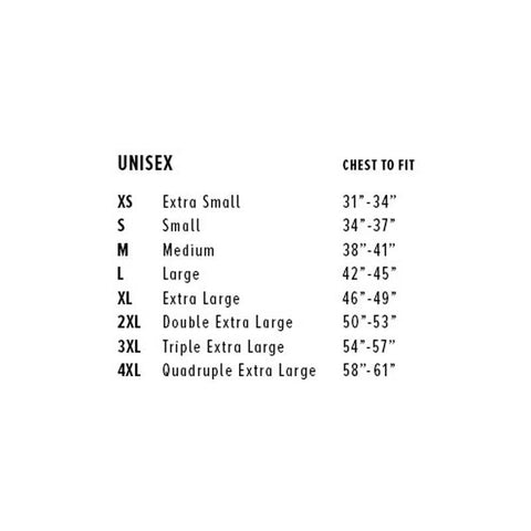 Unisex shirt size chart with chest measurements from XS to 4XL, covering sizes Extra Small to Quadruple Extra Large.