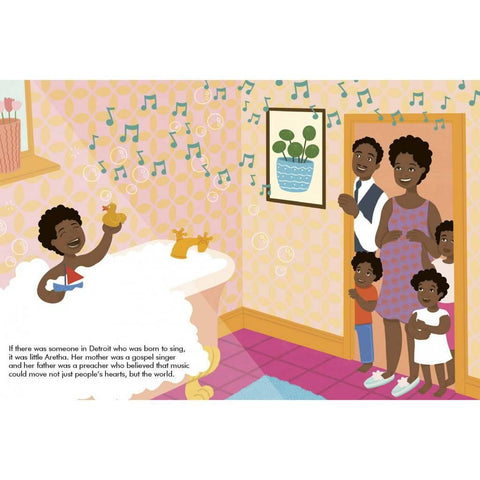 Child in bathtub singing with family enjoying music, inspired by "Little People, BIG DREAMS" books. Trek Light education series.