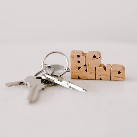 BE KIND wood keychain by Trek Light with silver keys, handcrafted gift perfect for a friend, size 2" x 1" x .5", nickel ring included.