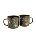 Trek Light Camping Is For Lovers enamel mugs, 12oz, showcasing a tent and camper design. Perfect for adventurers, stovetop and campfire ready.