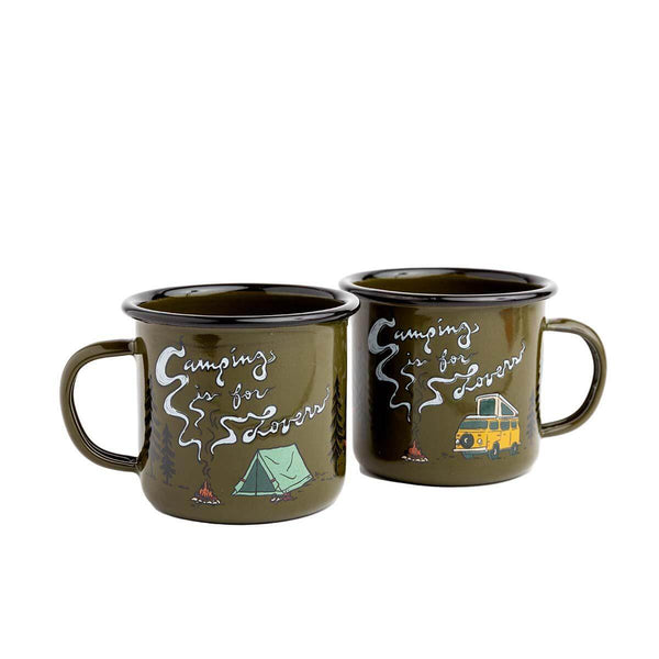 Trek Light Camping Is For Lovers enamel mugs, 12oz, showcasing a tent and camper design. Perfect for adventurers, stovetop and campfire ready.