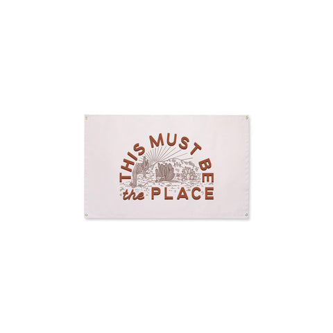 This Must Be The Place Canvas Flag with brown hand-screened design, featuring Trek Light's delightful artistry, 10oz cotton canvas.