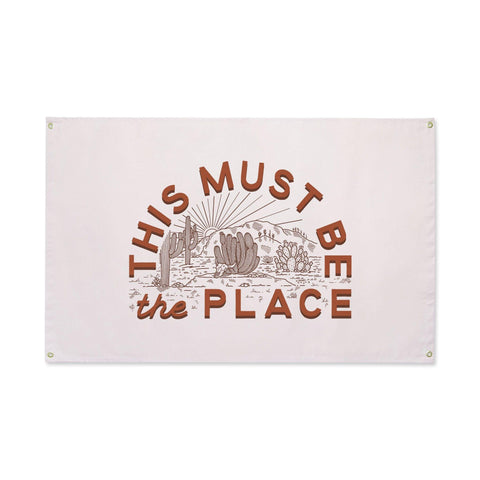 This Must Be The Place canvas flag with desert illustration, hand-screened on natural cotton, by Trek Light.