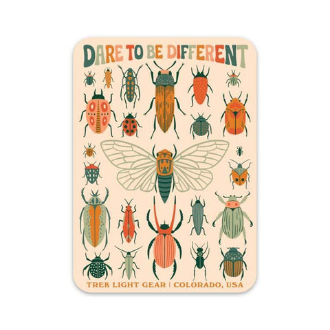 Colorful Dare To Be Different Sticker with insect designs from Trek Light Gear. Made in USA, waterproof, UV resistant, 2.87" x 4".