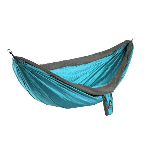 Trek Light Double Hammock in teal and gray, perfect for sleeping, camping, or relaxing. Durable, mildew-resistant, and comfortable.