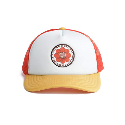 Kids Earth Day Hat by Trek Light - Orange and Yellow 5-Panel Foam Trucker Snapback with 'Every Day Is Earth Day' design.