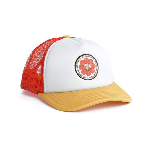 Colorful Earth Day kids hat with flower design, Trek Light brand foam trucker cap, red and yellow, one tree planted per hat sold.