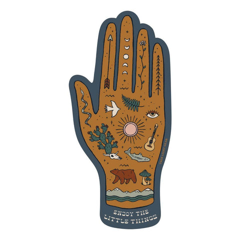 Trek Light 'Enjoy The Little Things' sticker featuring nature-themed designs on a hand silhouette, weatherproof vinyl, 1.88" x 4", USA made.