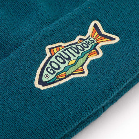 Go Outdoors Kids Beanie with colorful fish patch promoting "Go Outdoors!" Ideal for Trek Light adventures.