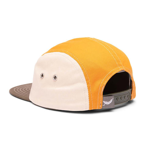 Vibrant orange and beige 5-panel snapback kids hat with flat brim, Trek Light branding, perfect for spreading good vibes.