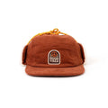 Trek Light Good Vibes Sherpa Kids Hat with peace symbol, 5-panel snapback, flat brim, brown corduroy, sherpa ear flaps.