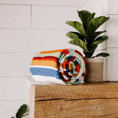 Trek Light's Halley's Comet Blanket, vibrantly striped and handwoven, rolled up beside a plant on a wooden shelf.