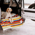 Dog resting on a colorful striped Halley's Comet Blanket by Trek Light in a car trunk, snowy landscape in the background.