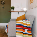 Cozy living room with a colorful striped blanket from Trek Light, adding vibrant style to a modern sofa.